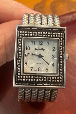 Women's 27mm Silver Tone Infinity Watch, MOP Face, Bangle